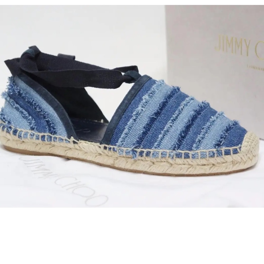 JIMMY CHOO DOLPHIN ESPADRILLE DENIM JEAN FLAT SHOES size 8.5 / 39 EU.